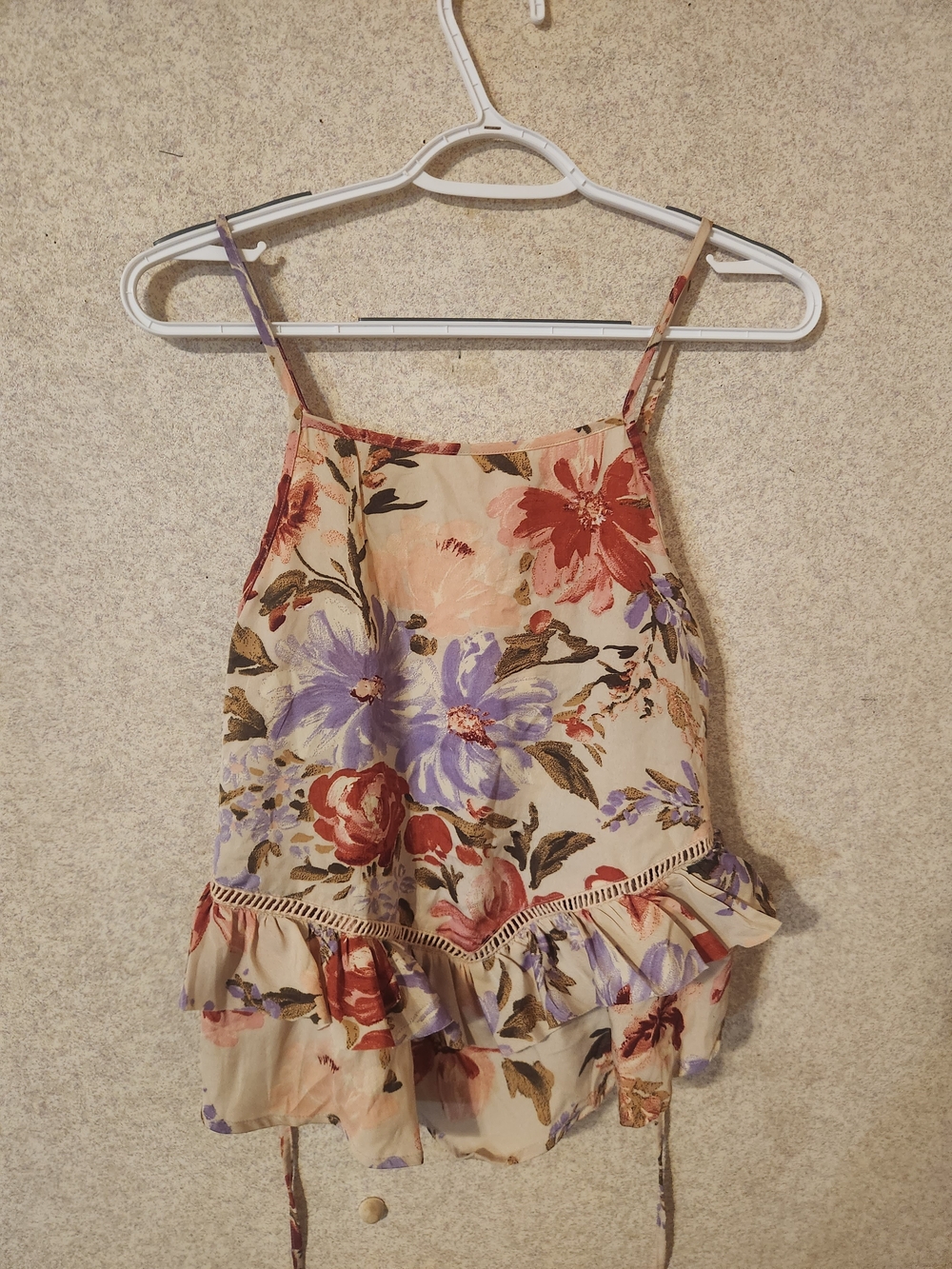 Floral Ruffle Camisole in Cream with Red & Purple Flowers